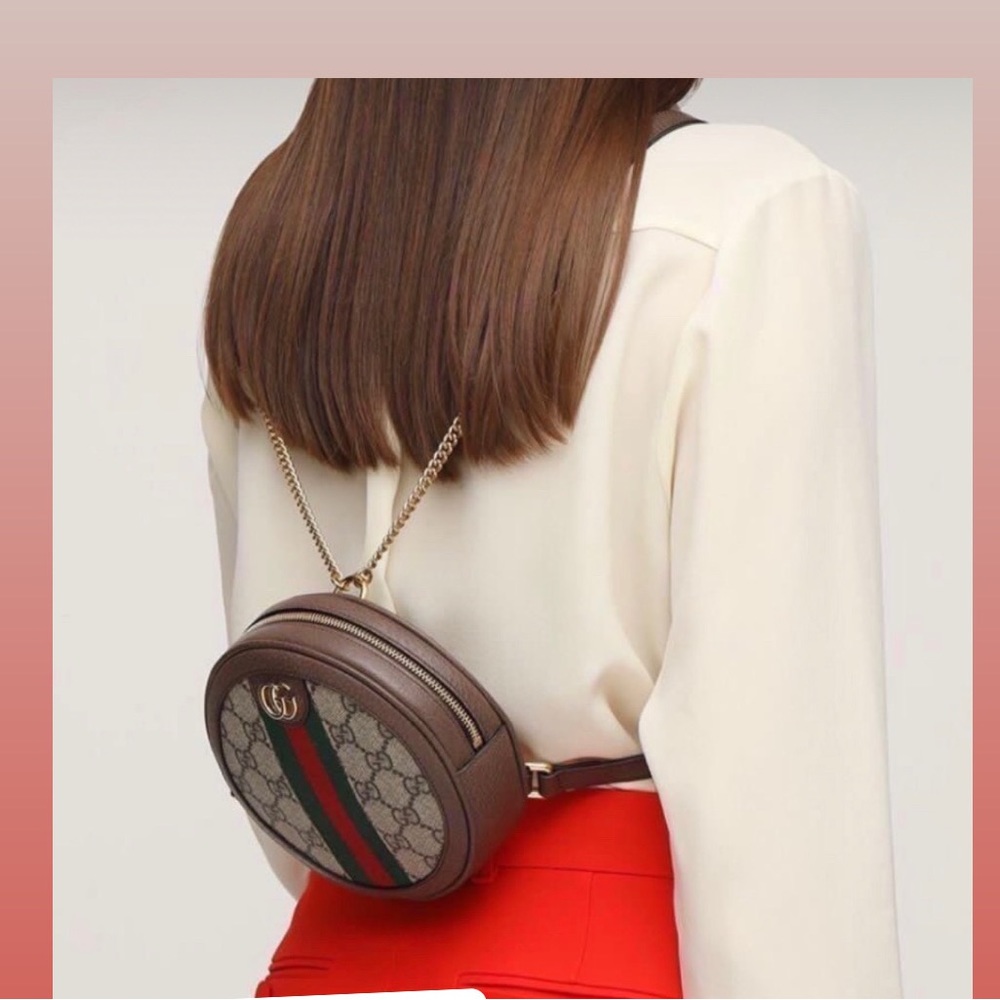 Gucci Brown GG Supreme Round Belt Bag with Green/Red Web
